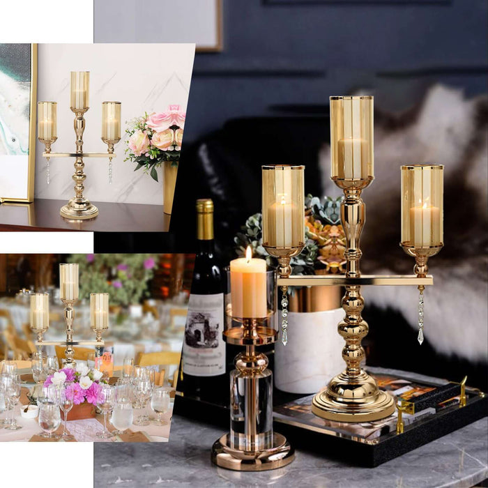 Elegant gold candle holder with glass shades, perfect for any decor.
