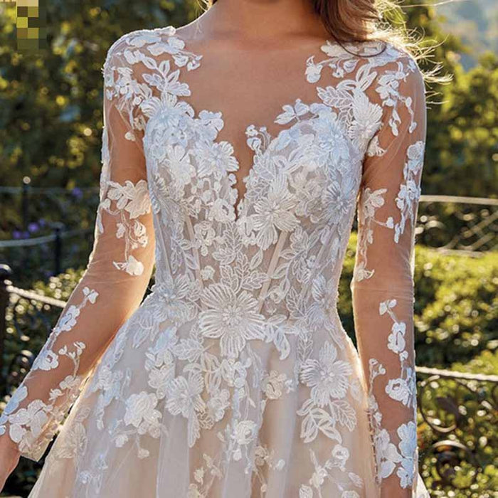 A-line Princess V Neck Long Sleeves Court Train Lace Wedding Dress With Appliqued