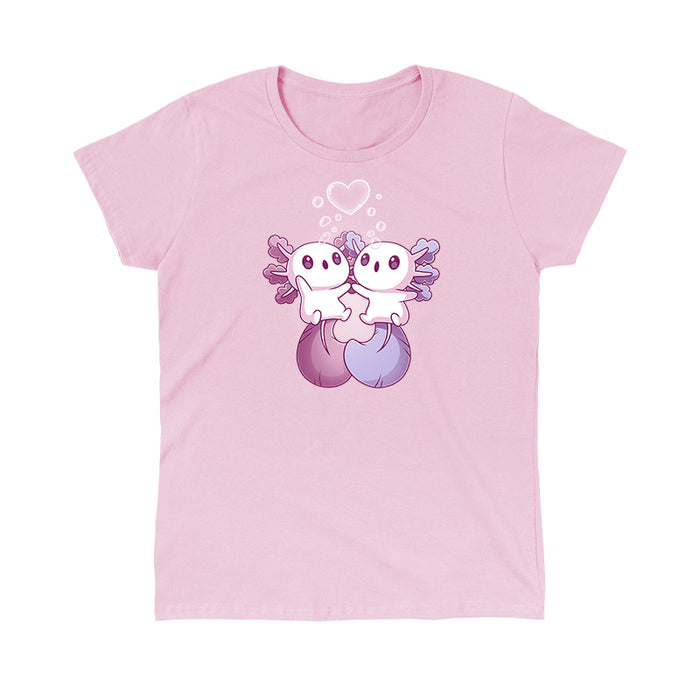 Classic Cotton T-shirt_TeeTurtle Alotl Love apparel featuring one pink and one blue axolotl holding hands underneath a heart-shaped bubble.