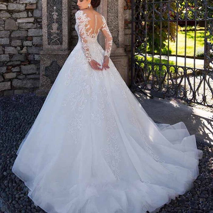 Ball Gown Bateau Full Long Sleeve Court Train Tulle Wedding Dress With Appliqued Lace