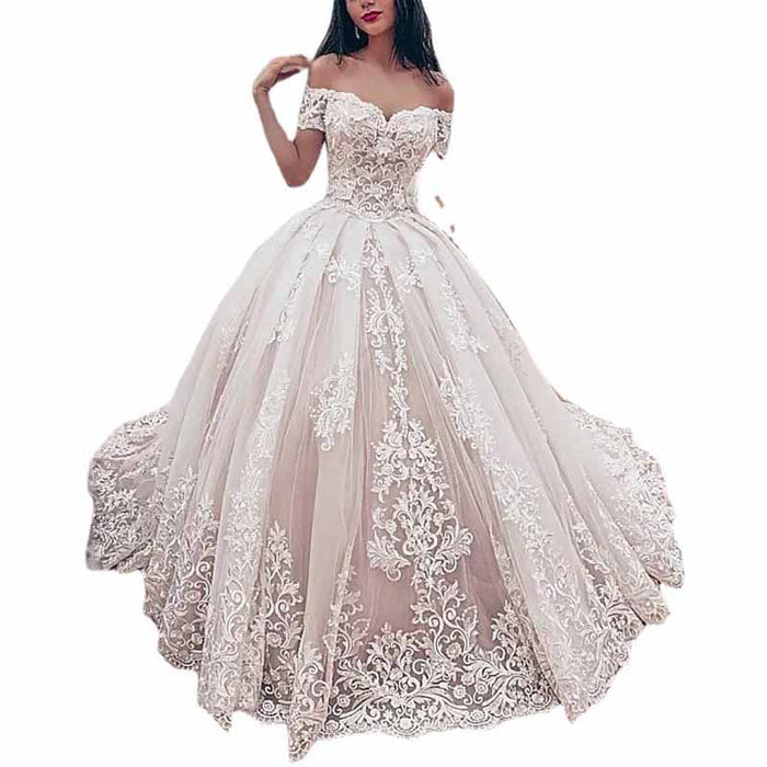 Ball Gown Off-the-shoulder Cathedral Train Tulle Wedding Dresses With Appliques Lace