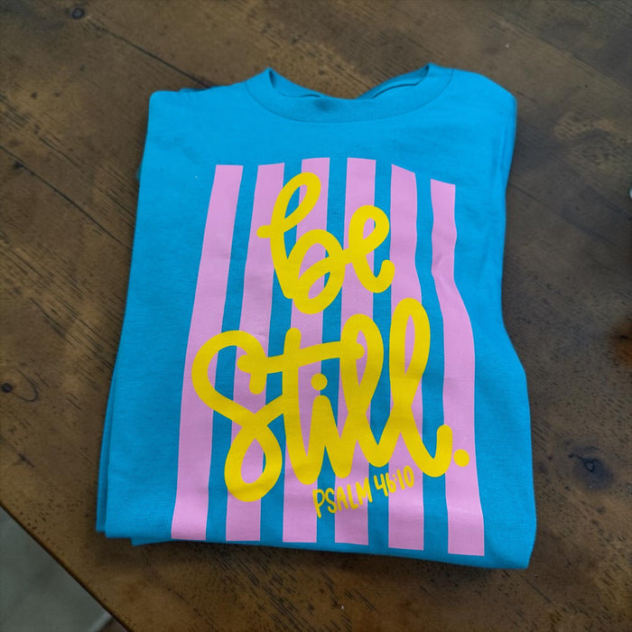 Be Still Psalm 46:10 Graphic Tee – Tropical & Pink Striped Faith Shirt