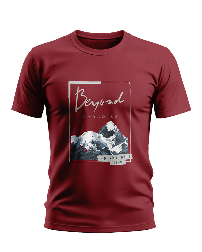 Maroon men's t-shirt with mountain graphic and 'Beyond Paradise' text on front