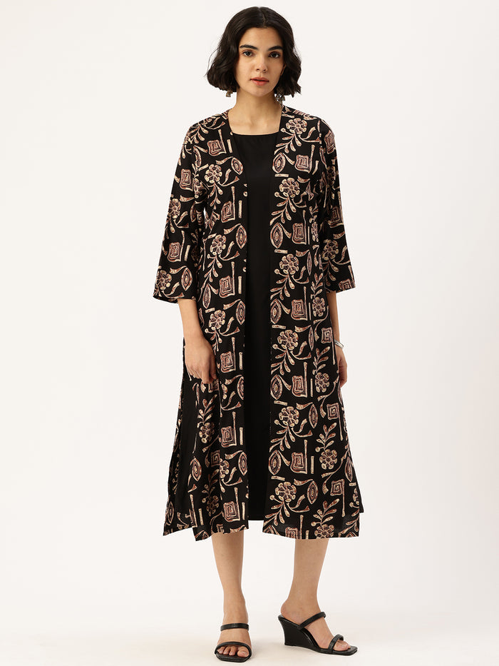 Black Floral Printed Ethnic Dress With Shrug