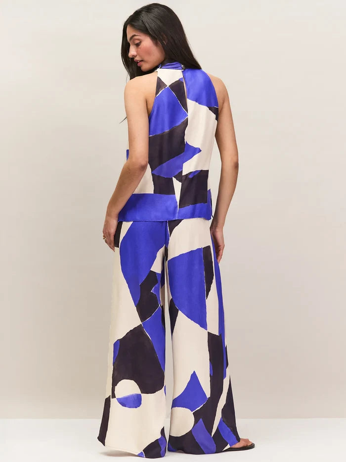 Blue Abstract Print Cowl Neck Top