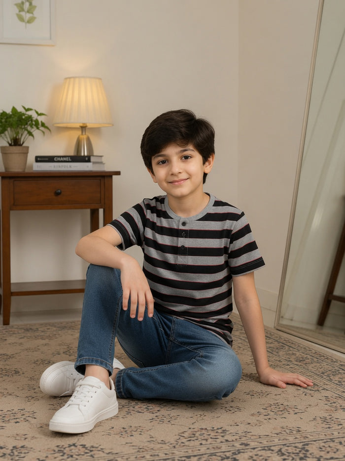 Boys Grey & Black Striped Half Sleeve Henley T-Shirt