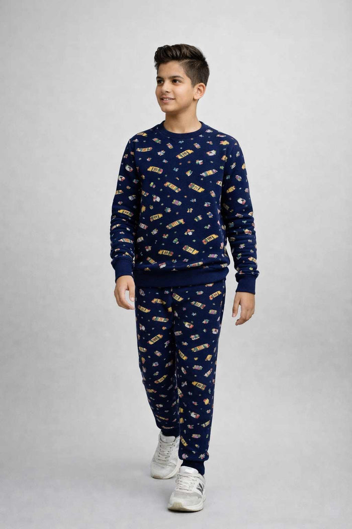 Boys Navy Blue Fleece Lounge Set with All-Over Print - Hinz Clothing