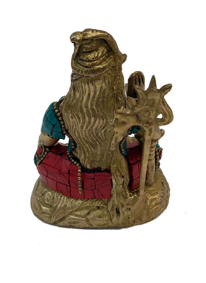 Brass Shiva Turquoise and Coral Mosaic Idol