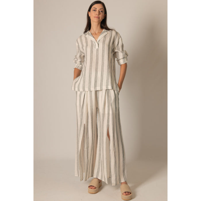 BYC - Striped, Linen, Wide Leg Pants w Front Slits 0141 - Ivory/Black