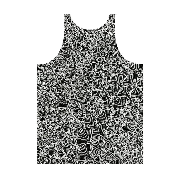 Color Wash Men's Tank - The unbroken Stark Optic White (#FFFFFF) path winding through Obsidian Black (#000000) negative space, mimicking magnified fingerprint ridges