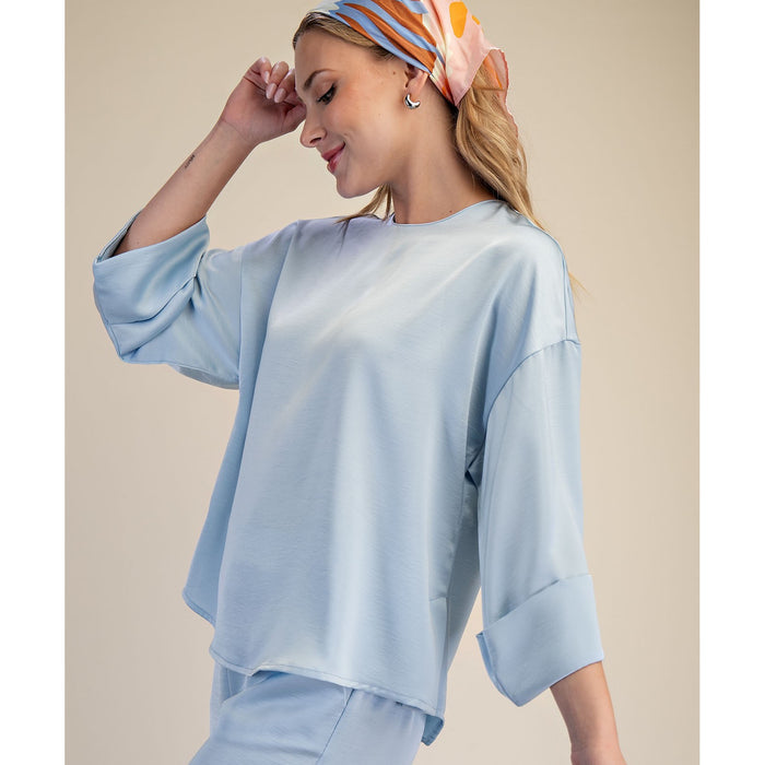 Dusty Blue Wide Sleeve Blouse – Relaxed Fit Top 8862
