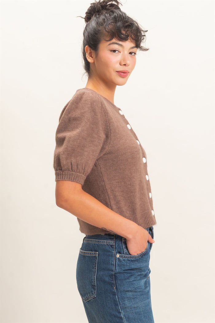 DZ-Button Front Puff Sleeve Knit Cardigan 960 – Ash Brown