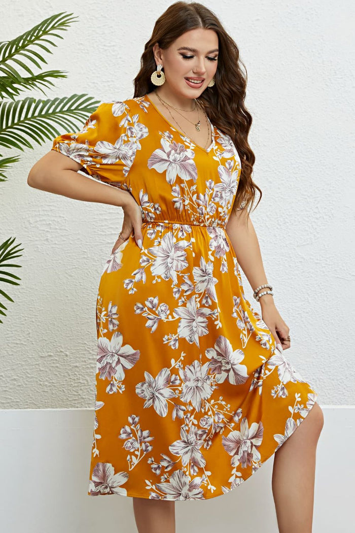 Floral V-Neck Puff Sleeve Dress - Madikfashions.com