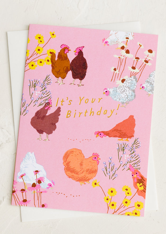 A pink chicken patterned card reading "It's your birthday!".