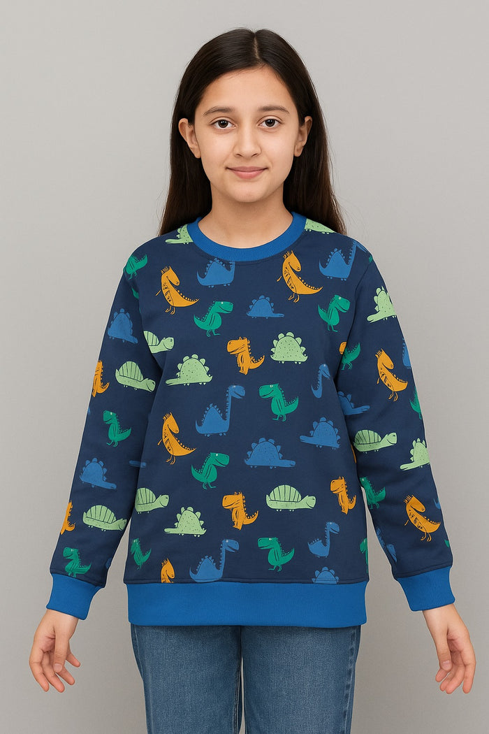 Girls Blue Dinosaur Print Sweatshirt – Soft Cotton Fleece - Hinz Clothing