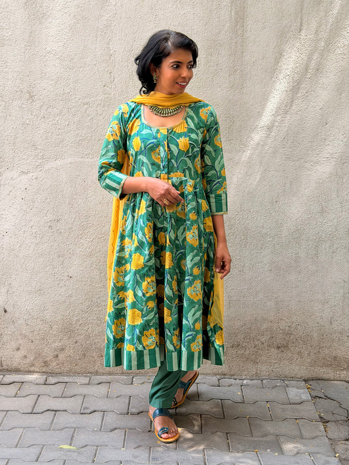 Green Floral Cotton Kalidar Set