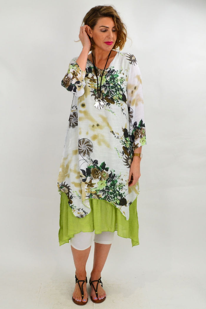 Green paisley layered tunic dress from I Love Tunics, featuring a flowy, boho-style design with long sleeves and a relaxed fit.