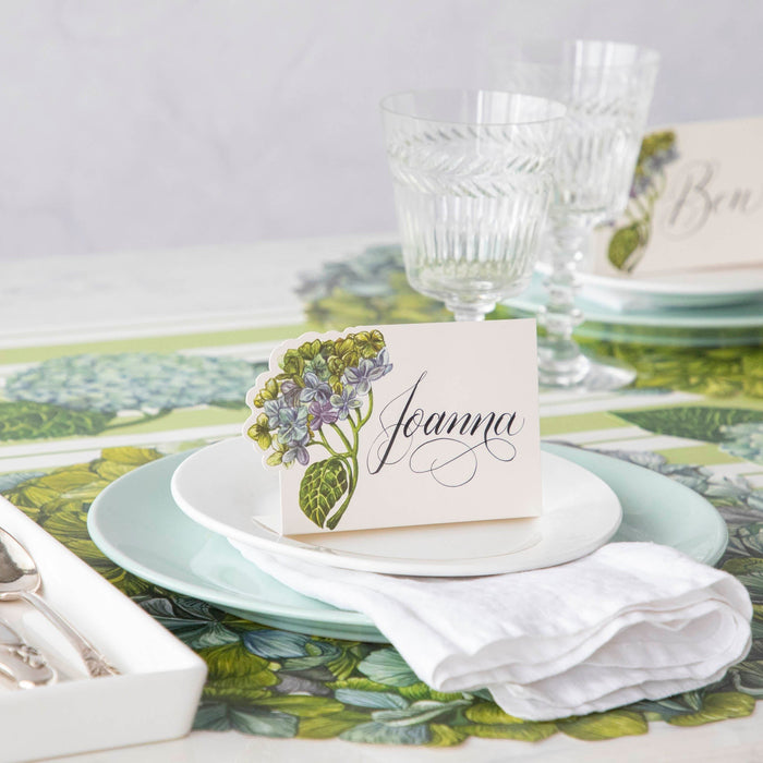 Hester & Cook Hydrangea Place Card holders featuring multicolored blooms placed on a table setting.