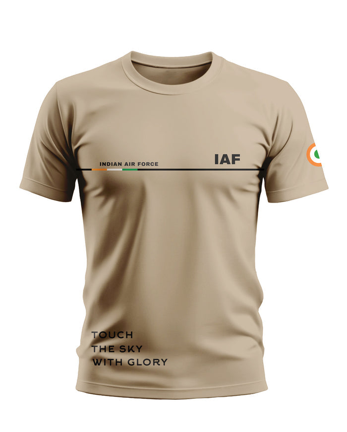 Beige Indian Air Force t-shirt with IAF text, Indian flag sleeve detail, and slogan print