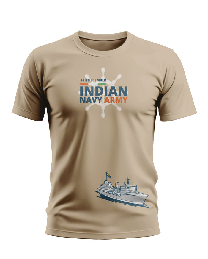 Beige men’s t-shirt with '4th December Indian Navy Army' text and navy ship graphic print