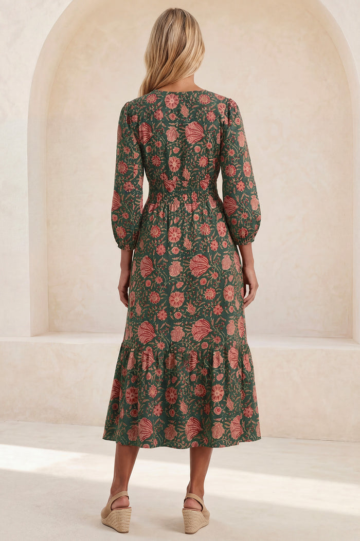 Jyoti Cotton Midi Dress | Khaki/Orange