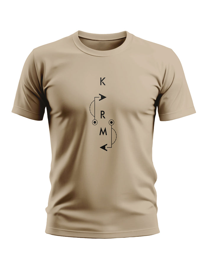 Beige men's t-shirt with black geometric KRM graphic print, front view