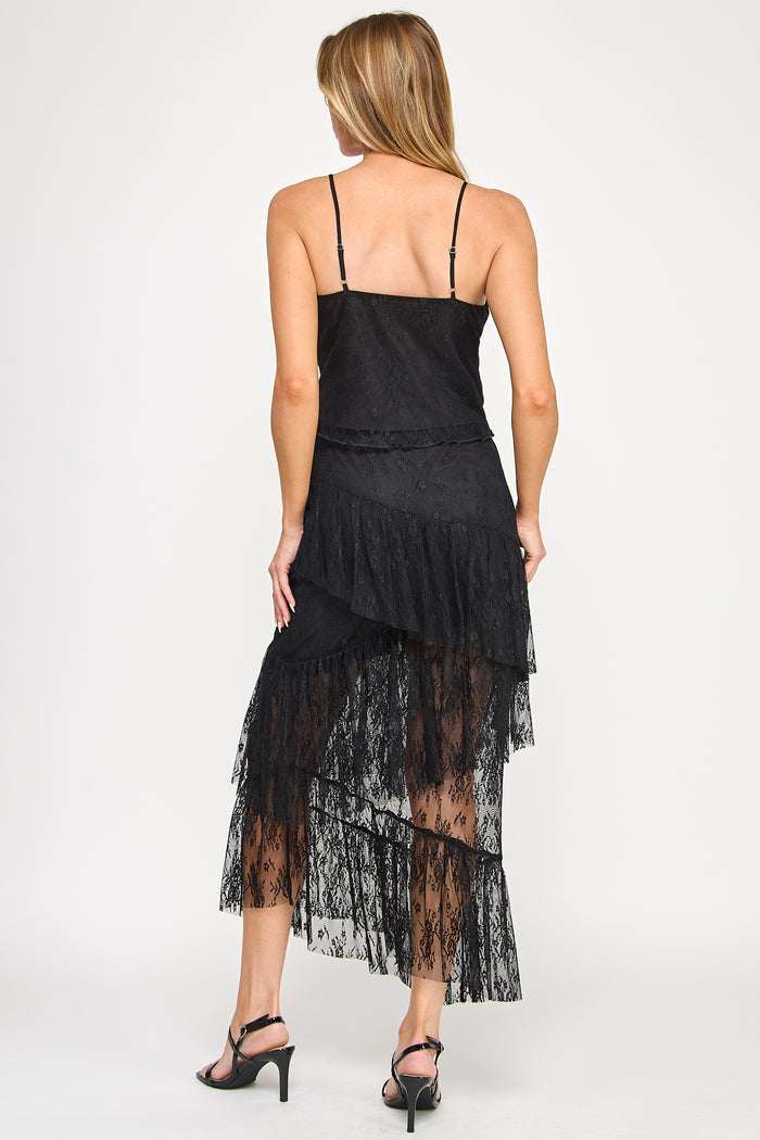 Lace Front Tie Top Tiered Ruffle Maxi Skirt Set - SALE