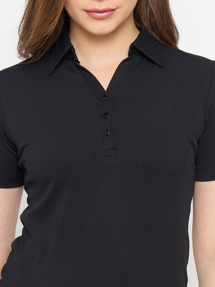 Madame Black Solid Polo T-Shirt