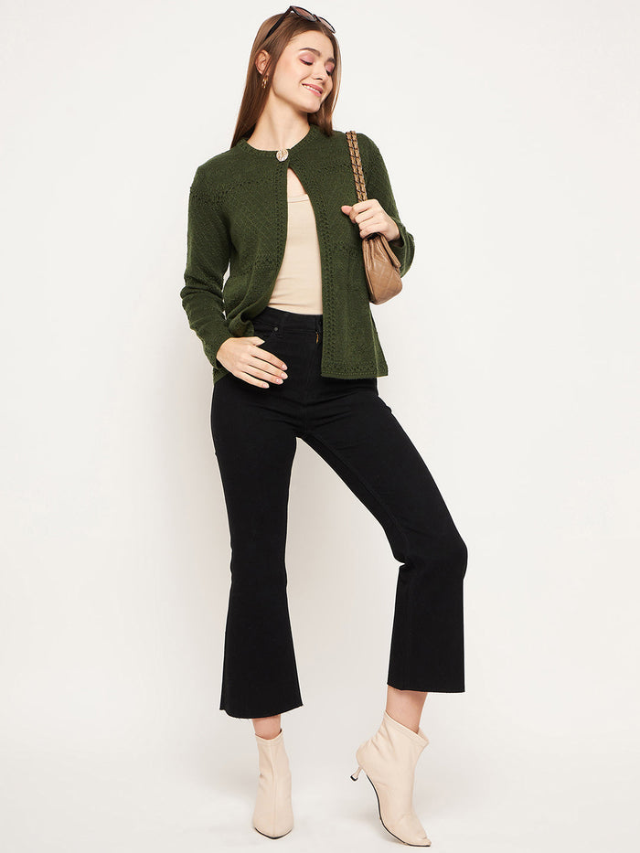 Madame Women Self Design Olive Cardigans