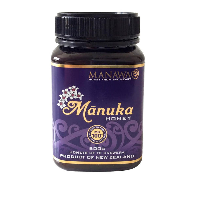 Manuka honey in 500gr pot with purple and gold label.