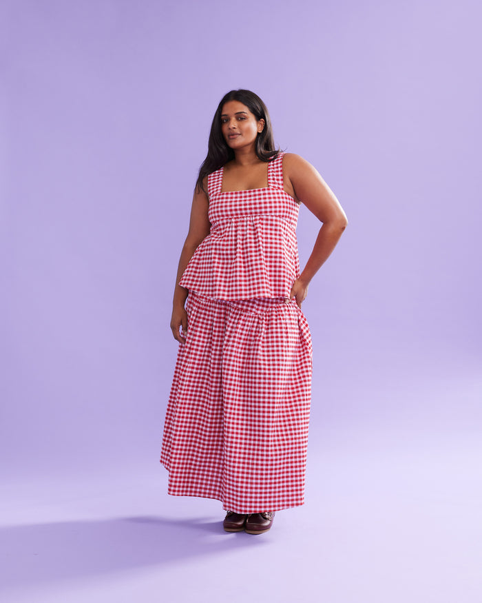MARGIE TIE-BACK TOP RED LILAC TARTAN
