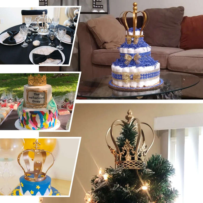 Assorted crown-themed cakes displayed in various settings.