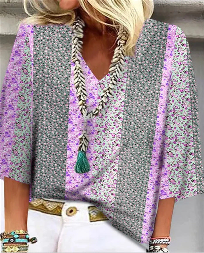 Mosaic | Women's Ditsy Floral Patchwork V-Neck 3/4 Sleeve Top