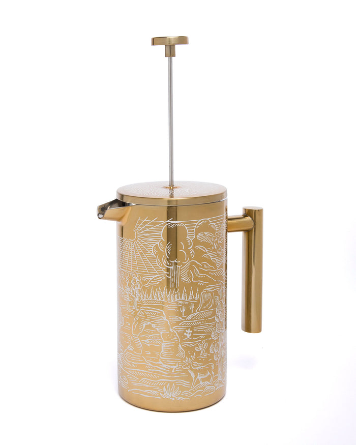 Brass French Press With Designs Inspired By National Parks | bronze
