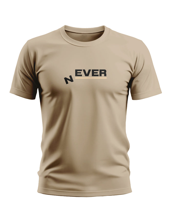Beige men's t-shirt with bold black 'NEVER' text graphic on chest, short sleeves