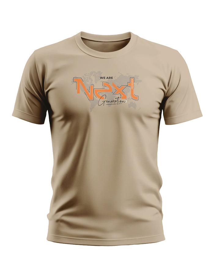 Beige men's t-shirt with 'We Are Next Generation' graphic print on front, short sleeves