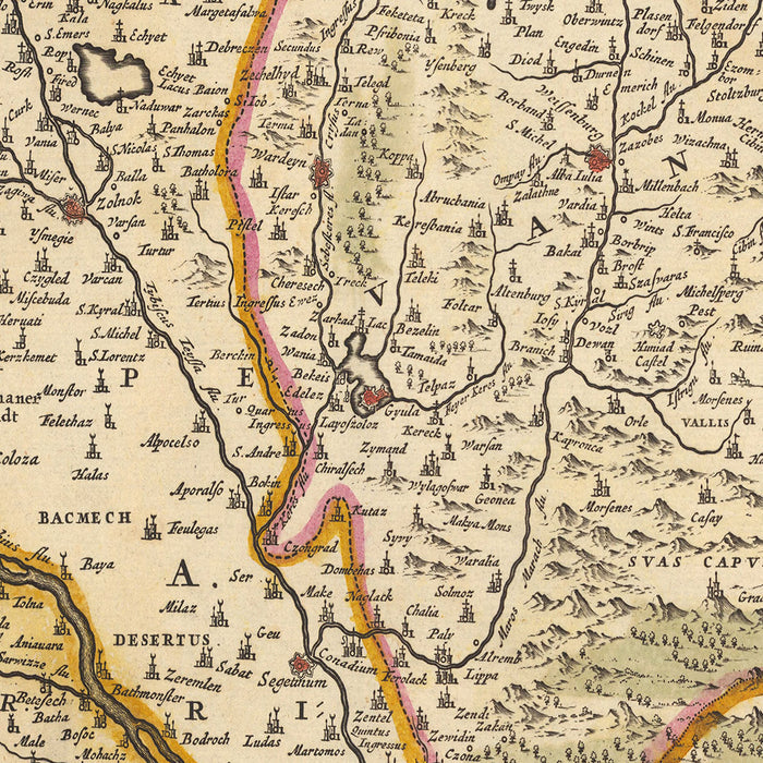 Old Map of Kingdom of Hungary by Visscher, 1690: Budapest, Vienna, Zagreb, Bucharest, Bratislava