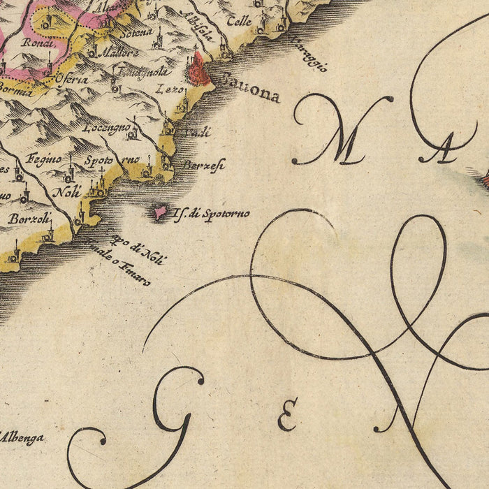 Old Map of Liguria & Republic of Genoa by Visscher, 1690: La Spezia, Nice, Turin, Sanremo, Maritime Alps Natural Park