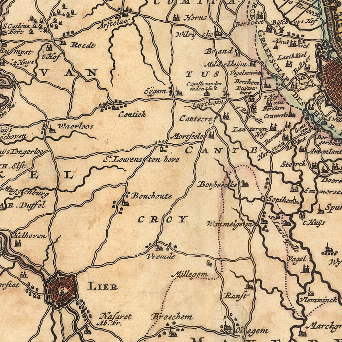 Old Map of Mechelen and Duchy of Aarschot by Visscher, 1690: Antwerp, Brussels, Leuven, Mechelen, Sint-Niklaas