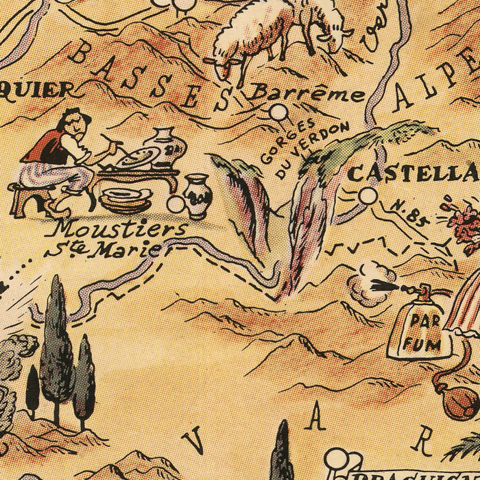 Old Map of Provence, France by Liozu, 1951: Marseille, Avignon, Cannes, Nice, Monaco