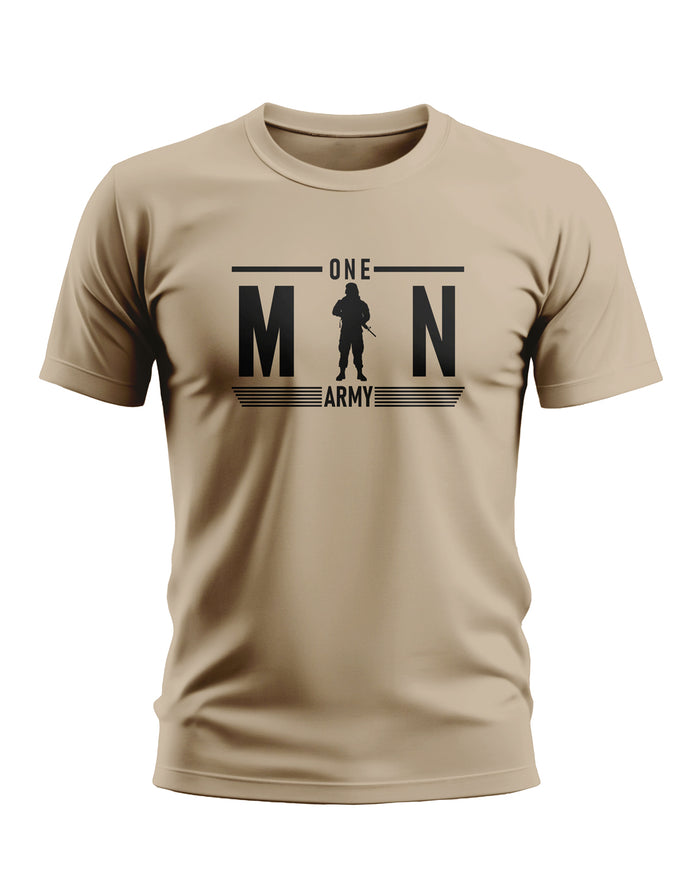 Beige men’s t-shirt with black 'One Man Army' soldier graphic, front view.