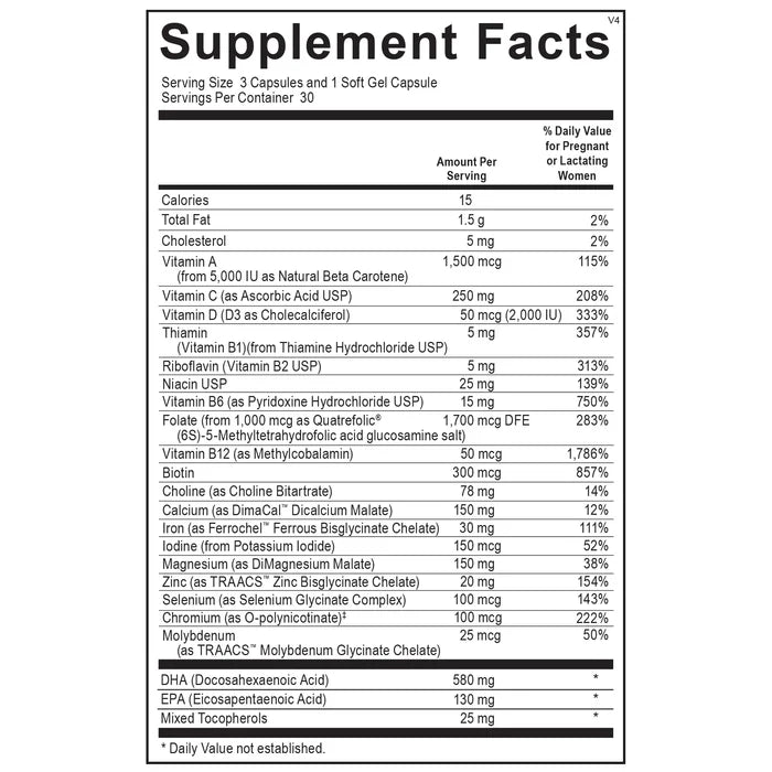 Ortho Molecular - Prenatal Complete with DHA - 30 Day Supply (6 - 15 Capsule and 5 softgel Capsule Packages) - Supplement Facts panel
