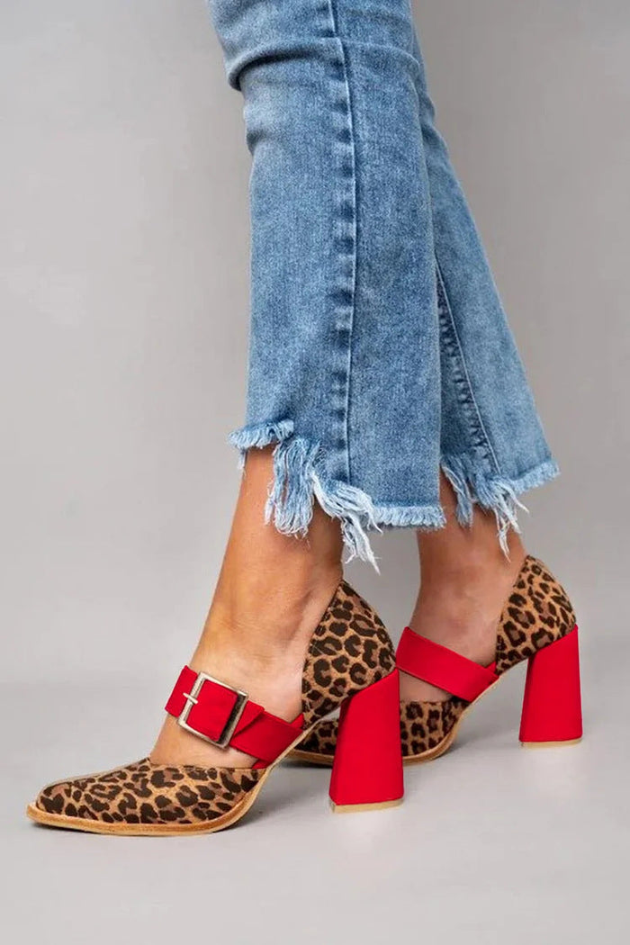 Pointed-Toe Leopard-Print Belt Buckle Sandals