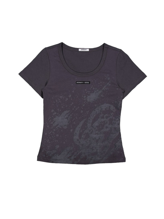 PRINT COTTON CROP T-SHIRT -GRAY