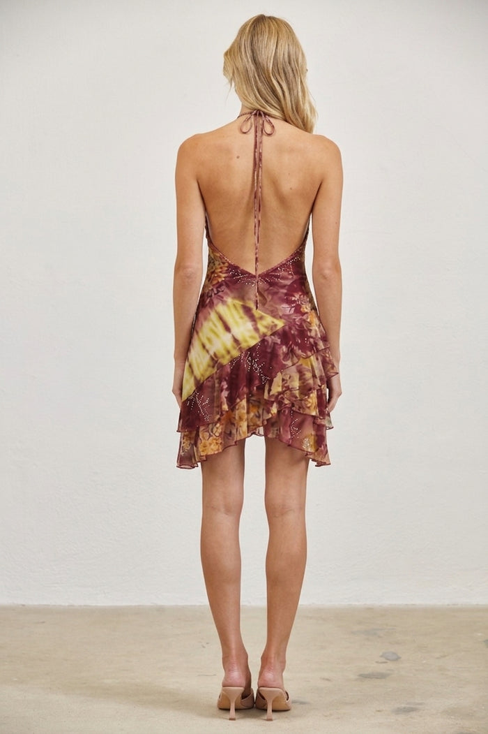 Printed Halter Ring Detail Asymmetrical Mini Dress