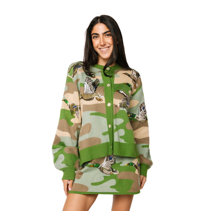 Queen of Sparkles - Camo Flying Ducks Button-Up Cardigan - Green