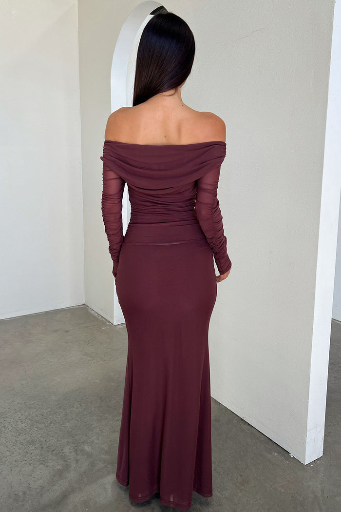 Rowan Long Sleeve Mesh Maxi Dress - Brown