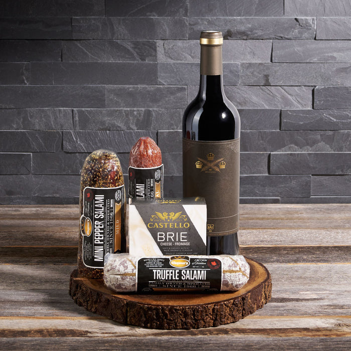 Salami Smorgasbord with Wine, wine gift baskets, gourmet gifts, gifts, wine, salami, cheese, US Delivery