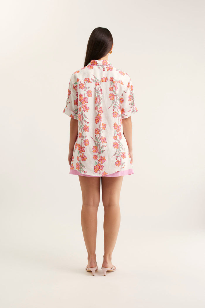 Sasha Linen Shirt In Pink Vine Print