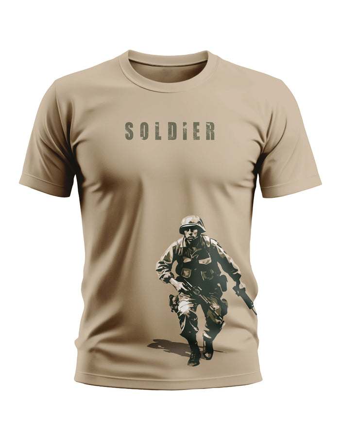 Beige men's t-shirt with 'SOLDIER' text and army soldier graphic print, casual military fashion